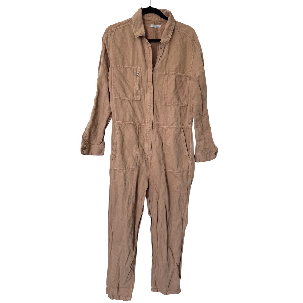 Outerknown SEA Suit Organic Cotton Linen Jumpsuit Tan Brown Large Long Sleeve